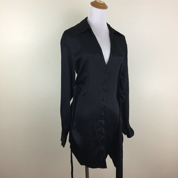 NWT ZARA Long Sleeve Black Satin Button Collared Flap Tie Overlay Front Dress - Picture 6 of 14
